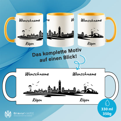 Tasse in Goldgelb 330ml bedruckt mit der Skyline von Rügen personalisierbar mit Wunschname
