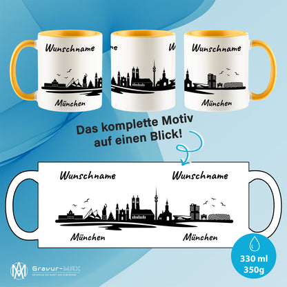 Tasse in Goldgelb 330ml bedruckt mit der Skyline von München personalisierbar mit Wunschname