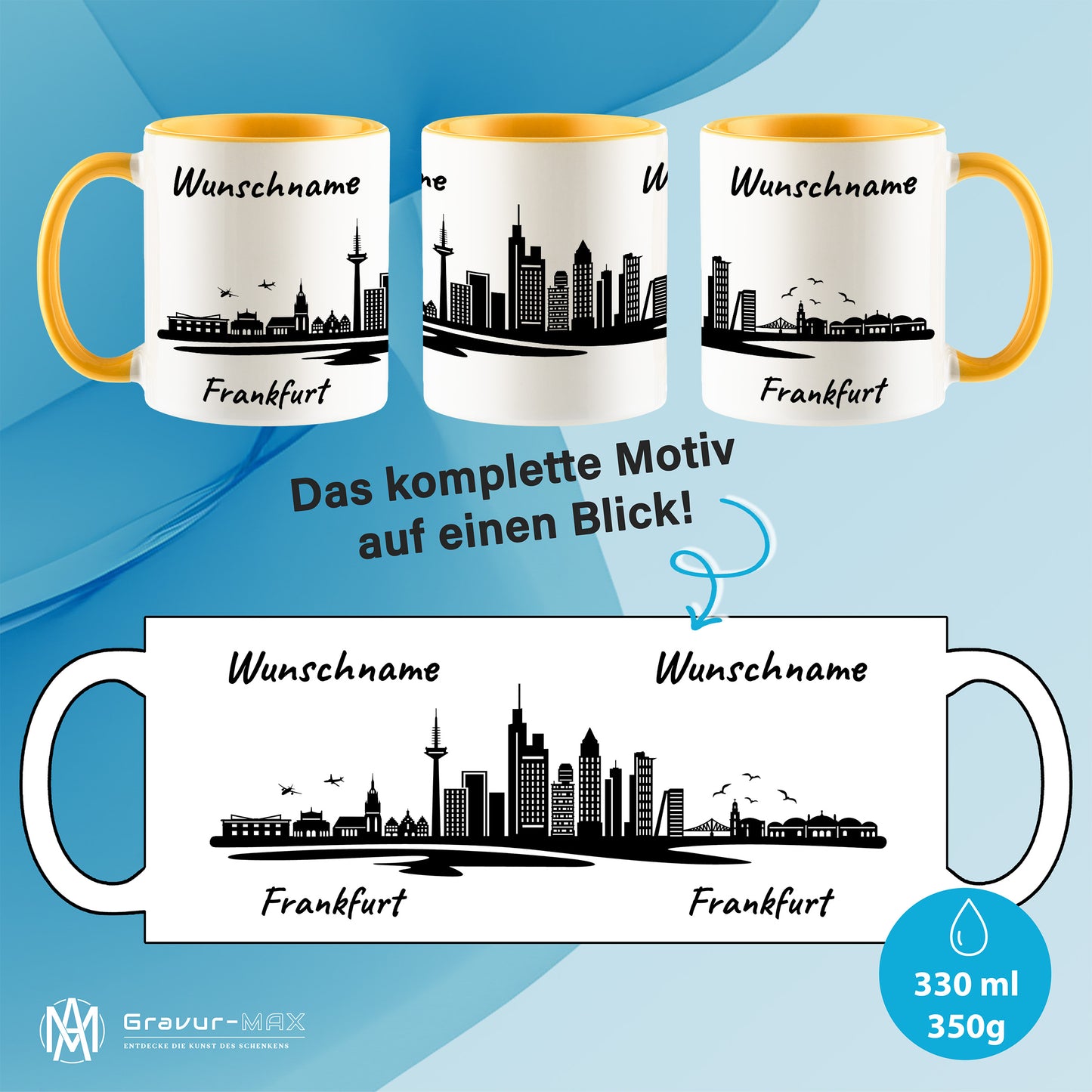 Tasse in Goldgelb 330ml bedruckt mit der Skyline von Frankfurt personalisierbar mit Wunschname