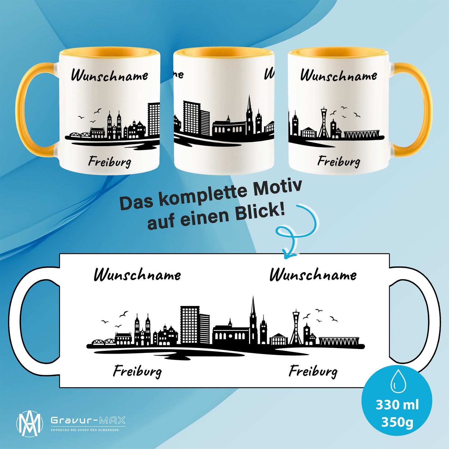 Tasse in Goldgelb 330ml bedruckt mit der Skyline von Freiburg personalisierbar mit Wunschname