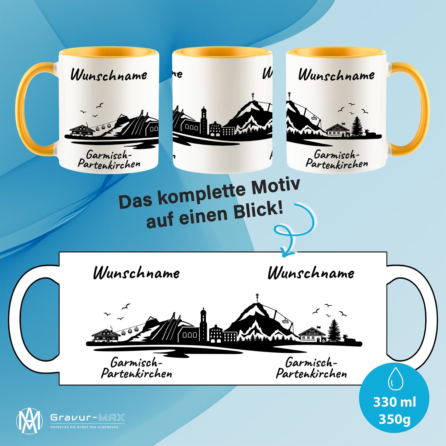 Tasse in Goldgelb 330ml bedruckt mit der Skyline von Garmisch-Partenkirchen personalisierbar mit Wunschname