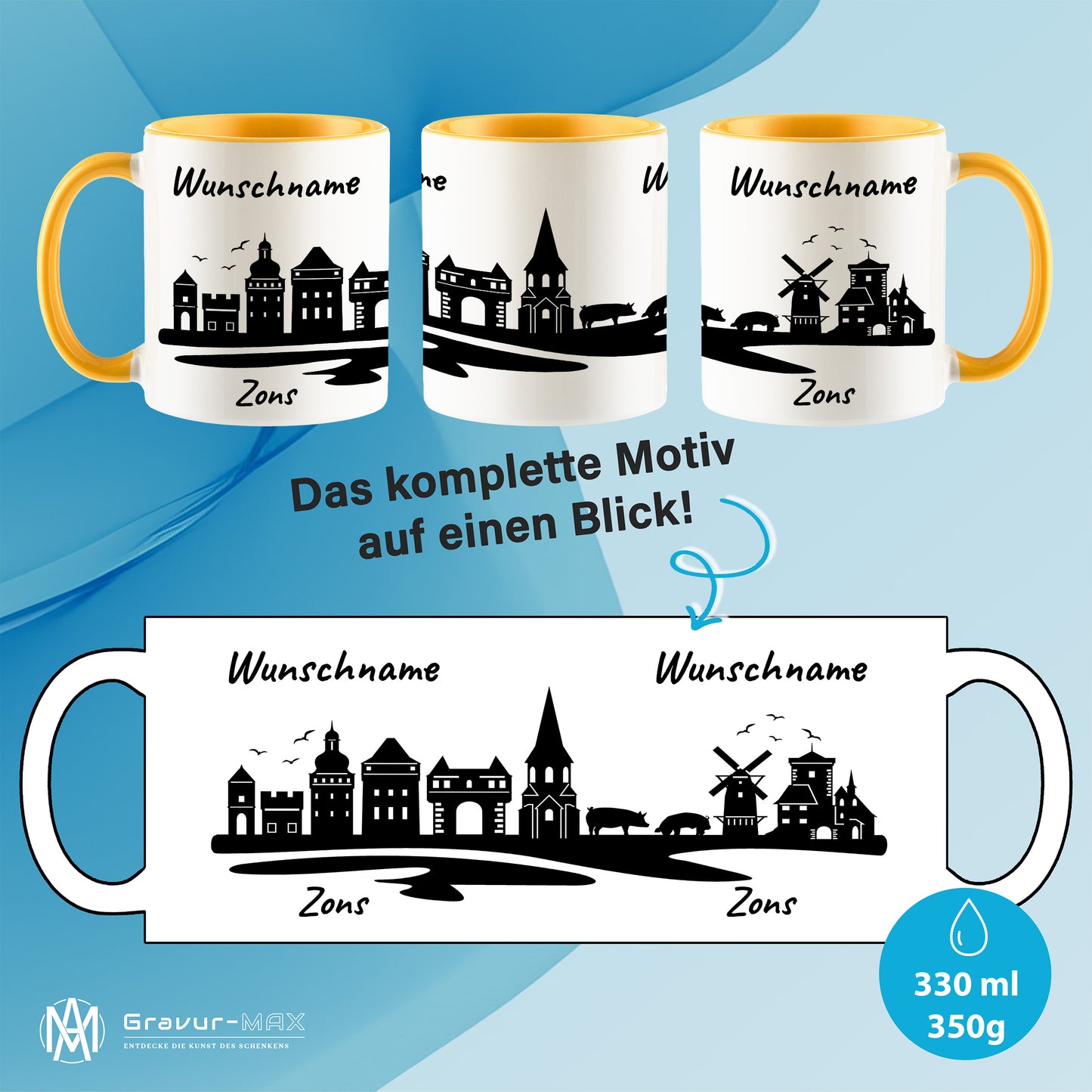 Tasse in Goldgelb 330ml bedruckt mit der Skyline von Zons (Dormagen) personalisierbar mit Wunschname