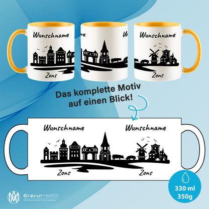 Tasse in Goldgelb 330ml bedruckt mit der Skyline von Zons (Dormagen) personalisierbar mit Wunschname