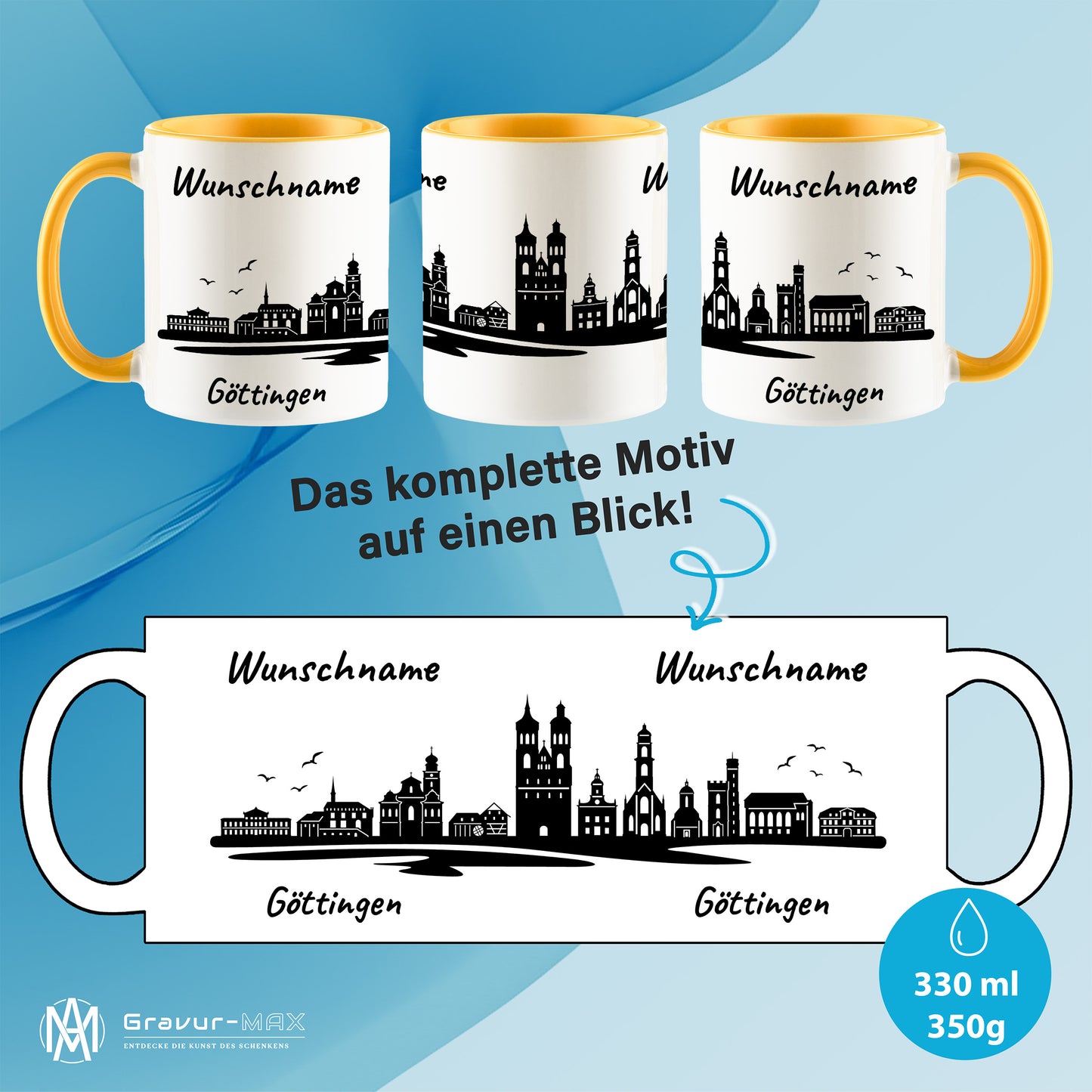 Tasse in Goldgelb 330ml bedruckt mit der Skyline von Göttingen personalisierbar mit Wunschname