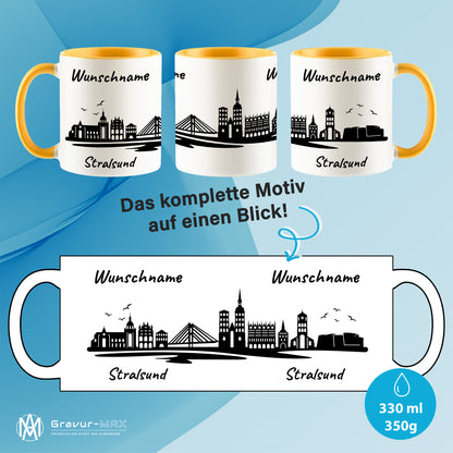 Tasse in Goldgelb 330ml bedruckt mit der Skyline von Stralsund personalisierbar mit Wunschname