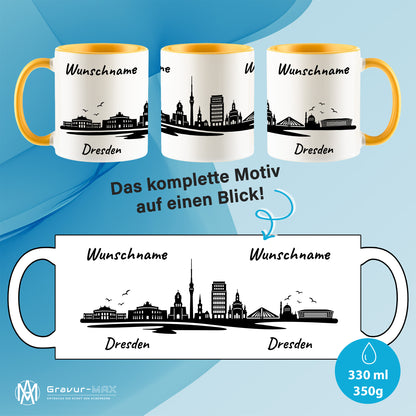 Tasse in Goldgelb 330ml bedruckt mit der Skyline von Dresden personalisierbar mit Wunschname