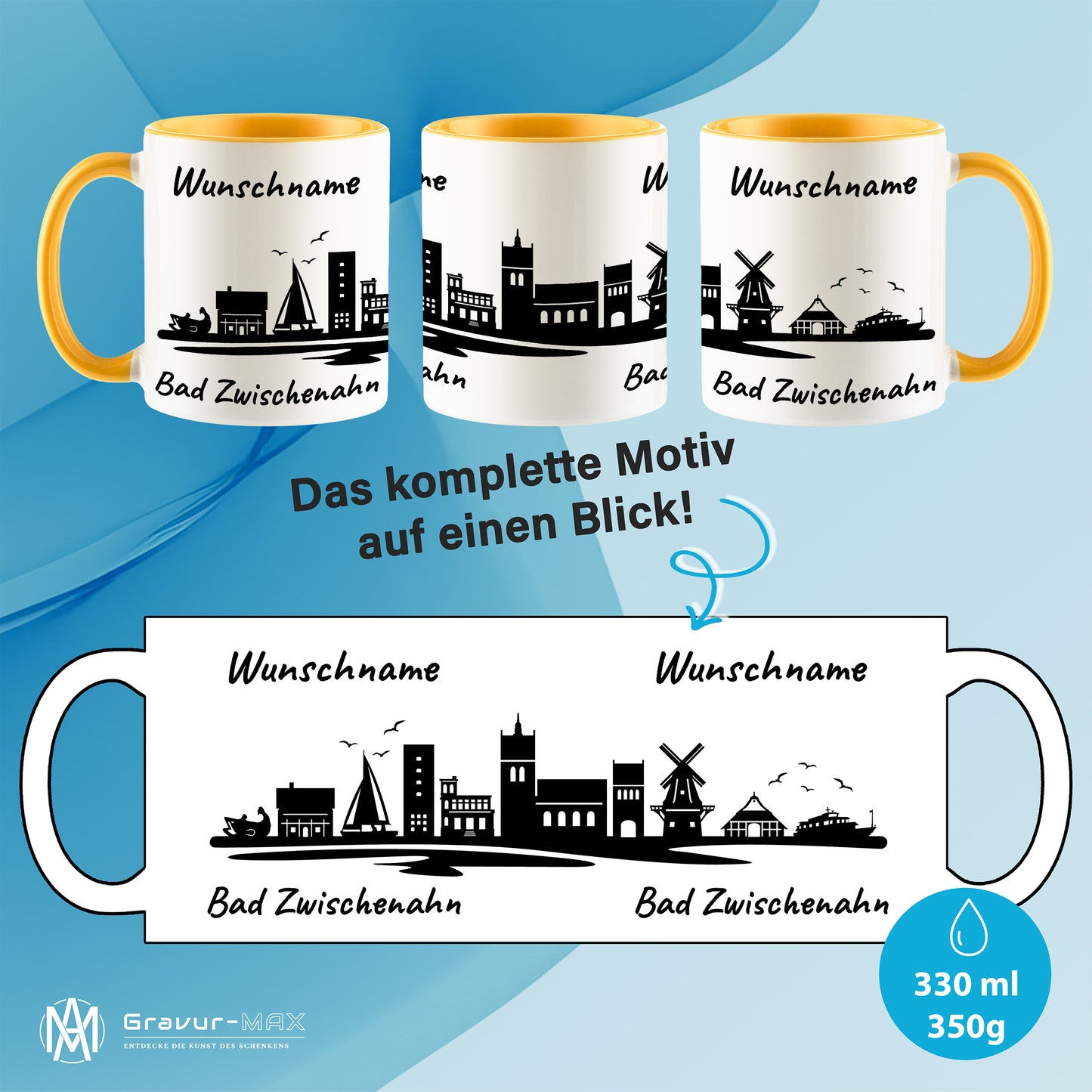 Tasse in Goldgelb 330ml bedruckt mit der Skyline von Bad Zwischenahn personalisierbar mit Wunschname