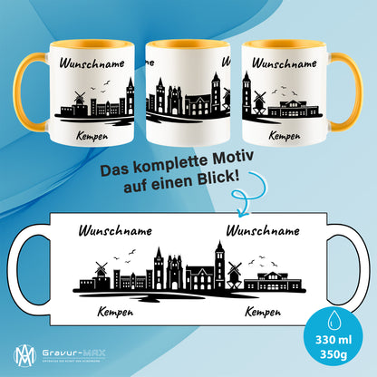 Tasse in Goldgelb 330ml bedruckt mit der Skyline von Kempen personalisierbar mit Wunschname