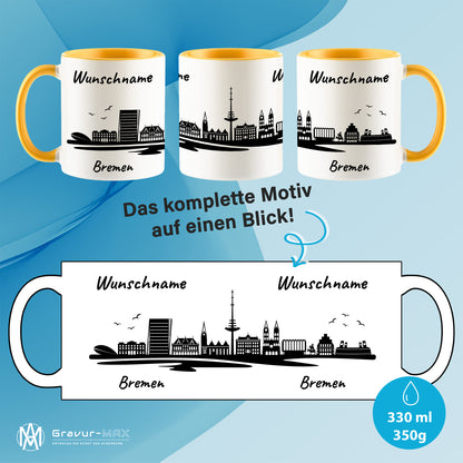 Tasse in Goldgelb 330ml bedruckt mit der Skyline von Bremen personalisierbar mit Wunschname