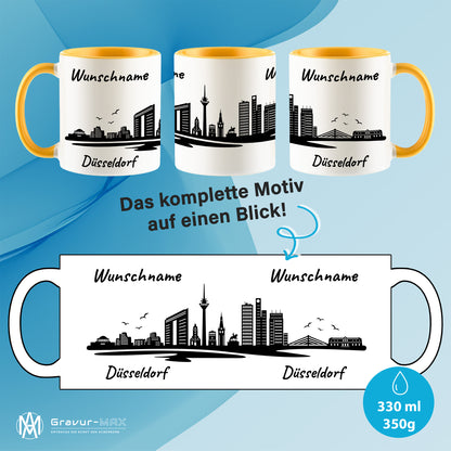 Tasse in Goldgelb 330ml bedruckt mit der Skyline von Düsseldorf personalisierbar mit Wunschname