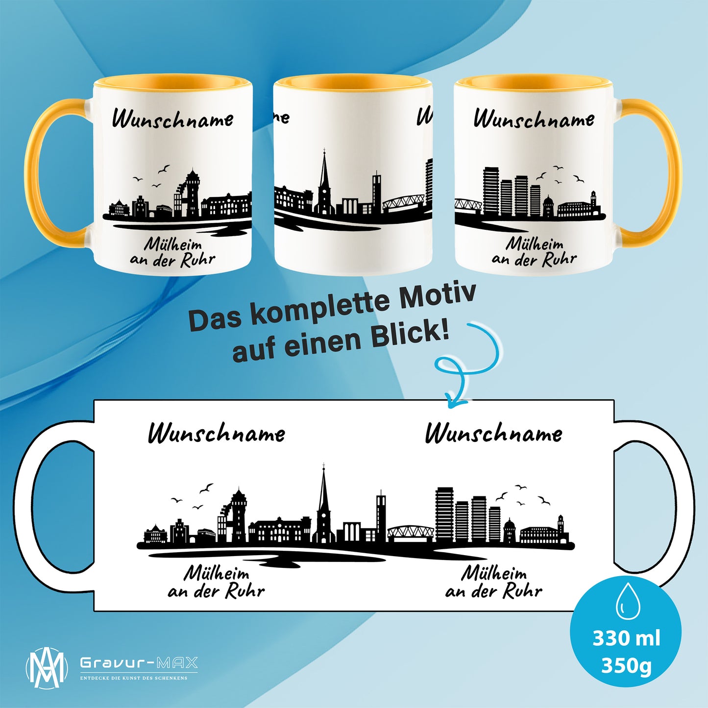 Tasse in Goldgelb 330ml bedruckt mit der Skyline von Mülheim an der Ruhr personalisierbar mit Wunschname