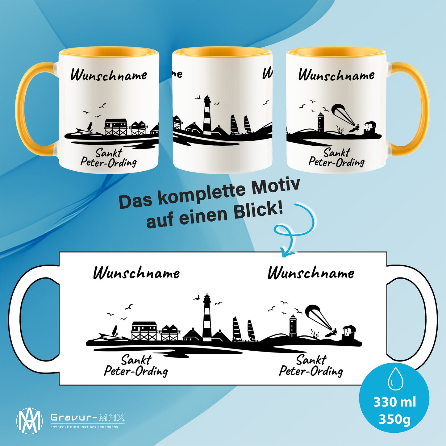 Tasse in Goldgelb 330ml bedruckt mit der Skyline von Sankt Peter-Ording personalisierbar mit Wunschname