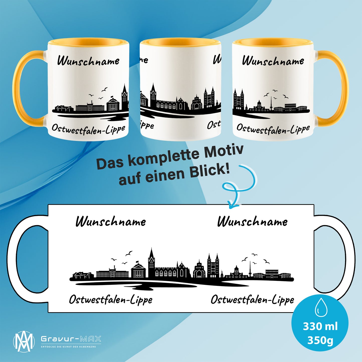 Tasse in Goldgelb 330ml bedruckt mit der Skyline von Ostwestfalen-Lippe personalisierbar mit Wunschname