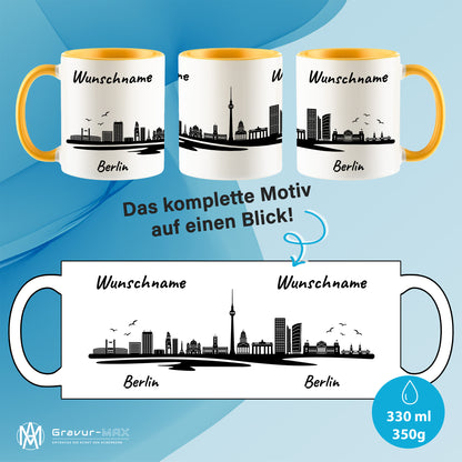 Tasse in Goldgelb 330ml bedruckt mit der Skyline von Berlin personalisierbar mit Wunschname