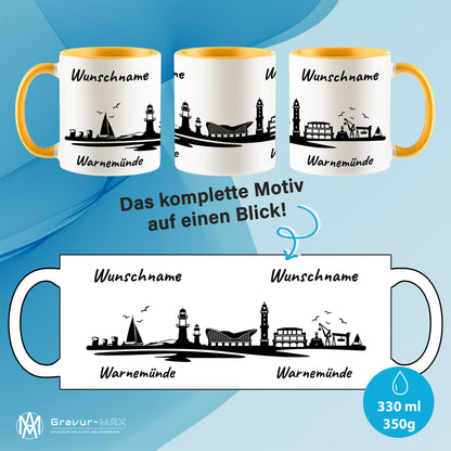 Tasse in Goldgelb 330ml bedruckt mit der Skyline von Warnemünde personalisierbar mit Wunschname