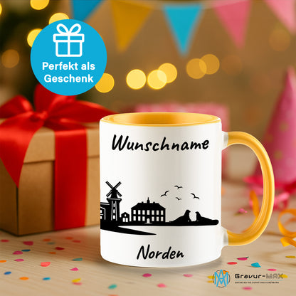 Tasse in Goldgelb 330ml bedruckt mit der Skyline von Norden personalisierbar mit Wunschname