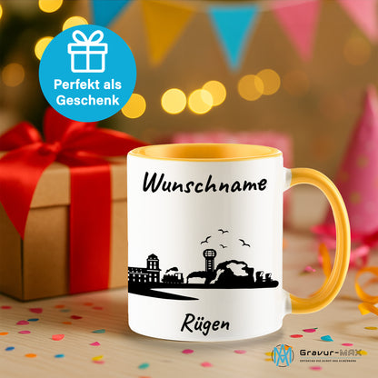Tasse in Goldgelb 330ml bedruckt mit der Skyline von Rügen personalisierbar mit Wunschname