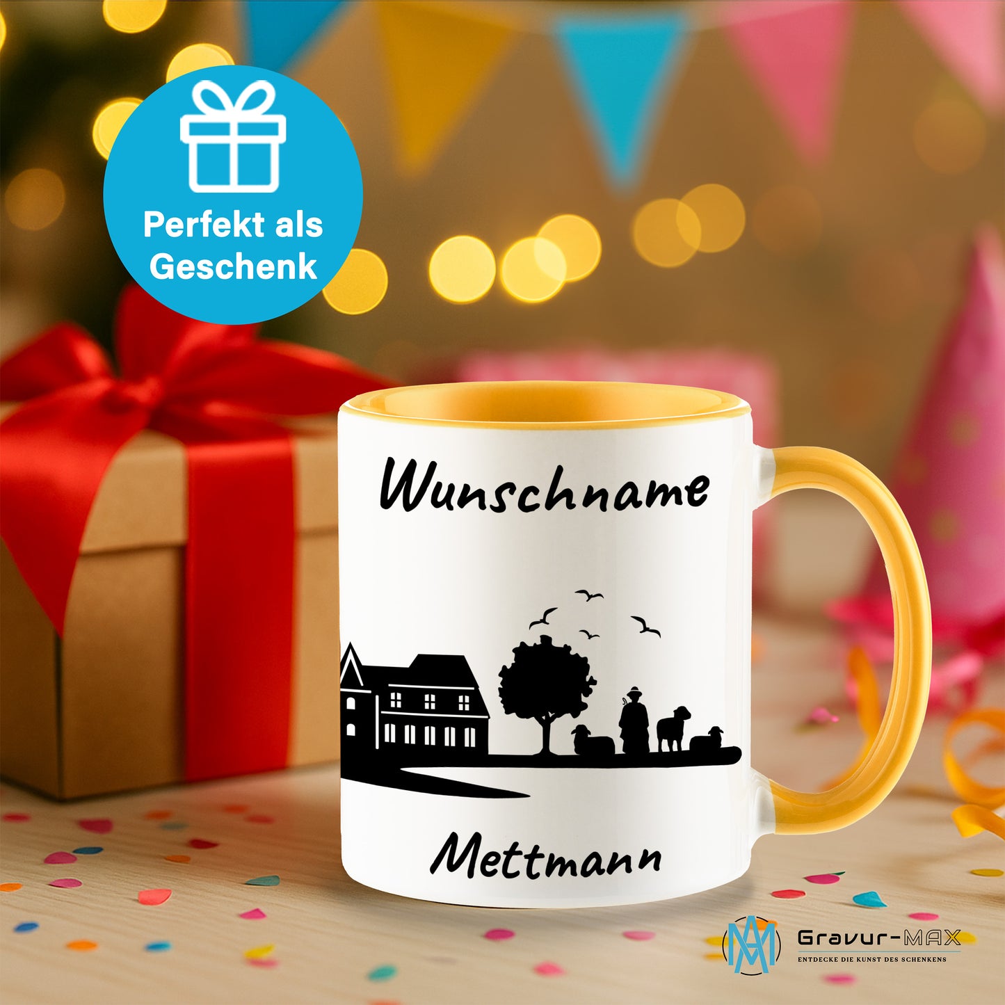 Tasse in Goldgelb 330ml bedruckt mit der Skyline von Mettmann personalisierbar mit Wunschname