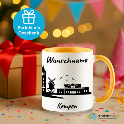 Tasse in Goldgelb 330ml bedruckt mit der Skyline von Kempen personalisierbar mit Wunschname