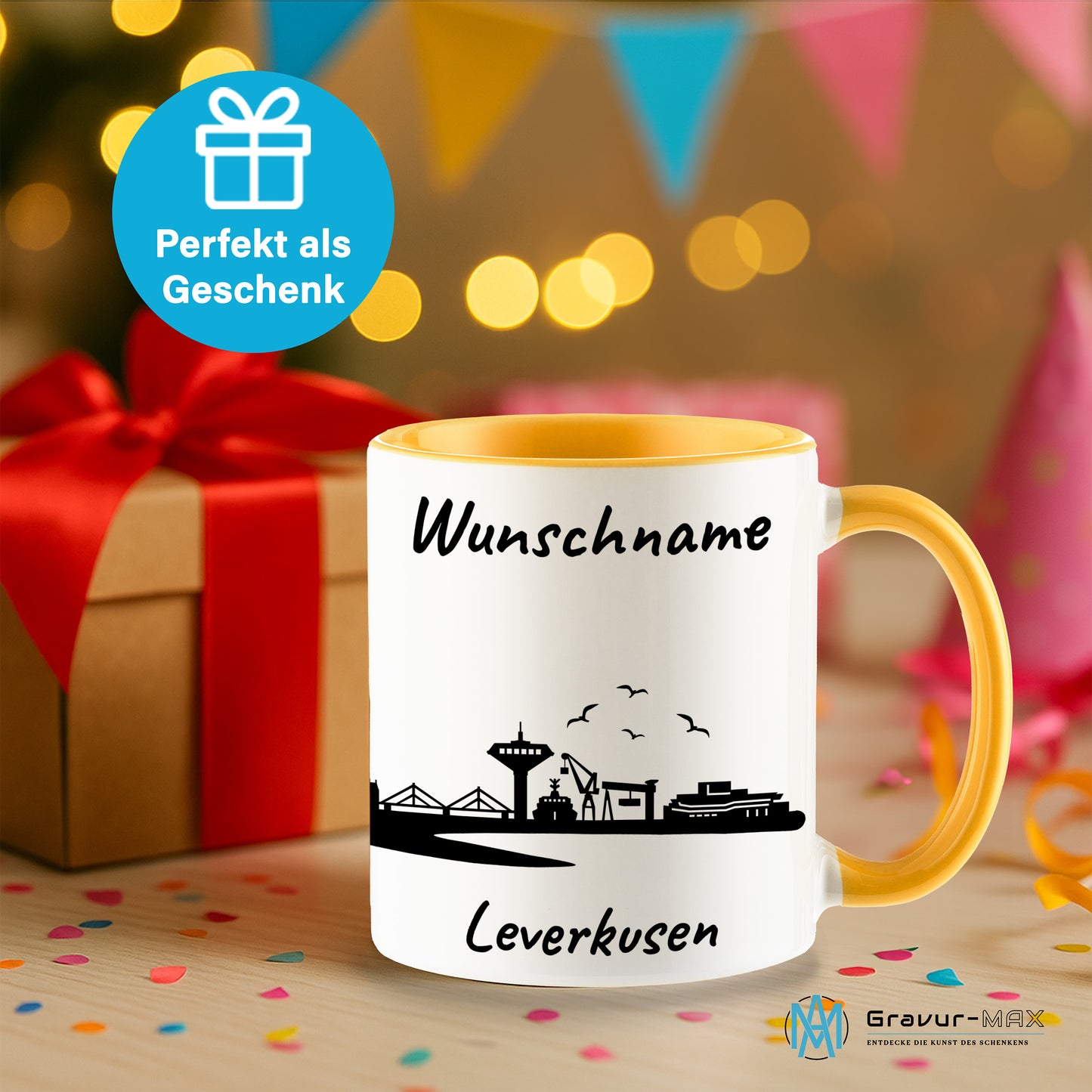 Tasse in Goldgelb 330ml bedruckt mit der Skyline von Leverkusen personalisierbar mit Wunschname