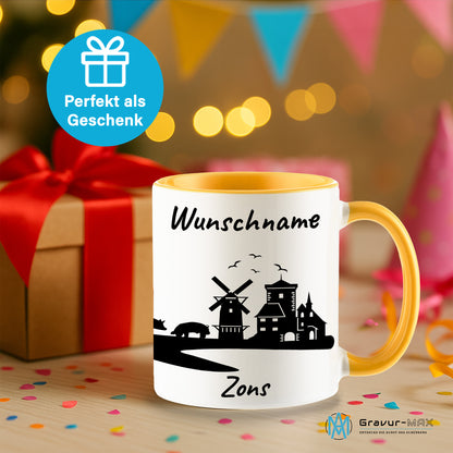 Tasse in Goldgelb 330ml bedruckt mit der Skyline von Zons (Dormagen) personalisierbar mit Wunschname