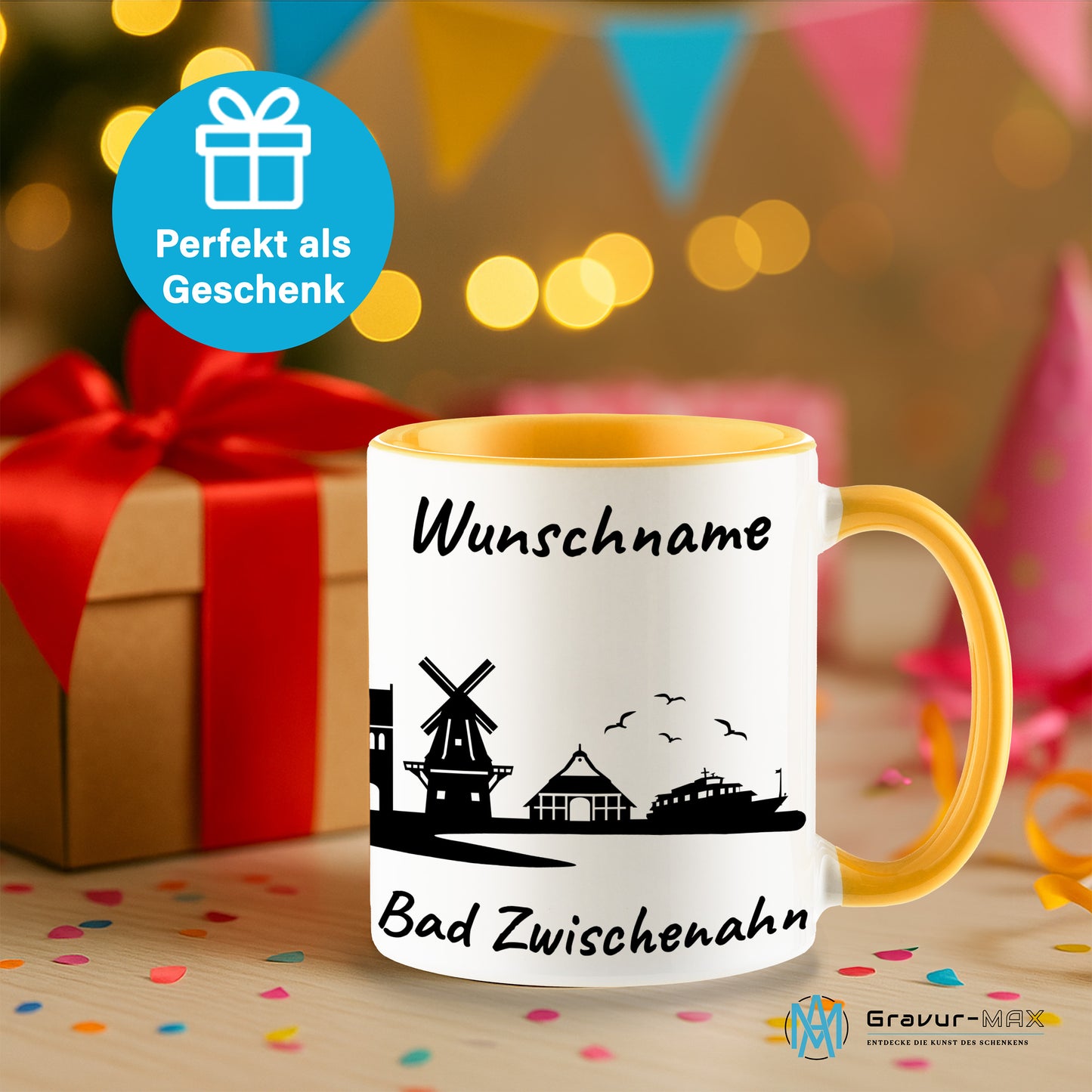Tasse in Goldgelb 330ml bedruckt mit der Skyline von Bad Zwischenahn personalisierbar mit Wunschname