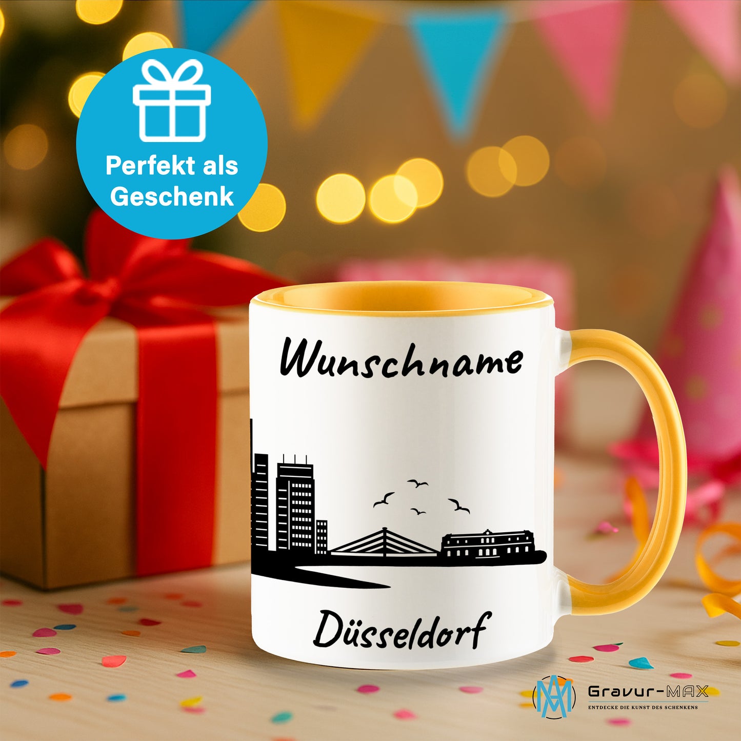Tasse in Goldgelb 330ml bedruckt mit der Skyline von Düsseldorf personalisierbar mit Wunschname