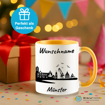 Tasse in Goldgelb 330ml bedruckt mit der Skyline von Münster personalisierbar mit Wunschname