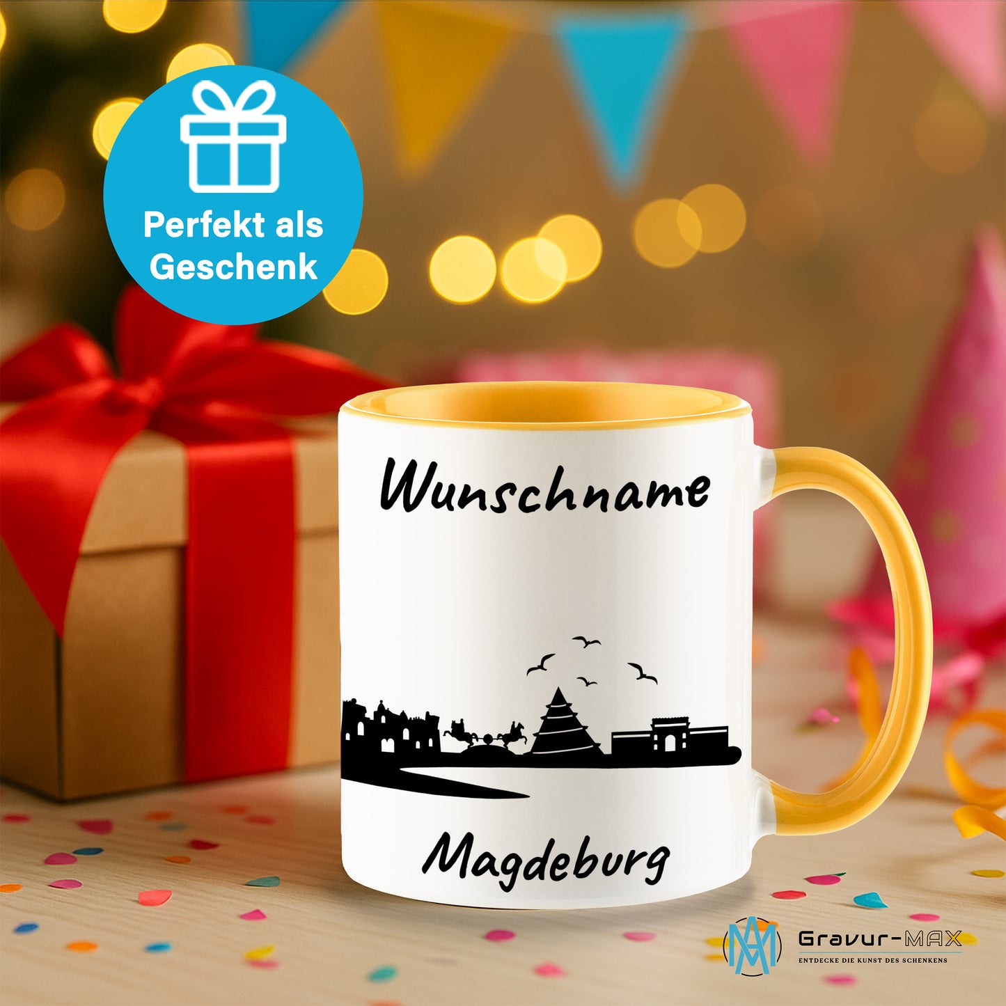 Tasse in Goldgelb 330ml bedruckt mit der Skyline von Magdeburg personalisierbar mit Wunschname