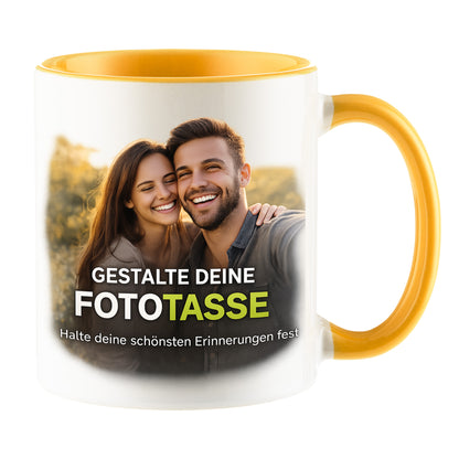 Personalisierte Fototasse selbst gestalten – in 13 ver. Farben mit eigenem Bild & Text | 3D Vorschau (330 ml)