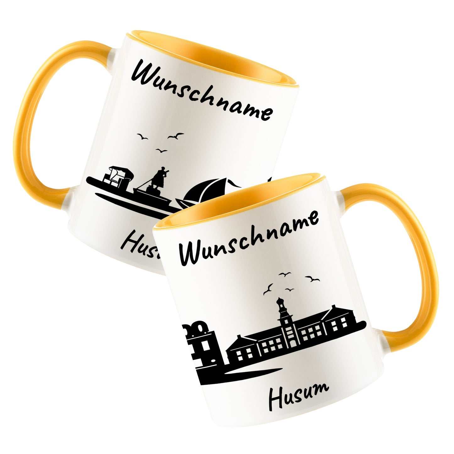 Tasse in Goldgelb 330ml bedruckt mit der Skyline von Husum personalisierbar mit Wunschname