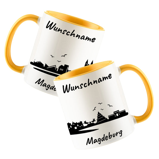 Tasse in Goldgelb 330ml bedruckt mit der Skyline von Magdeburg personalisierbar mit Wunschname