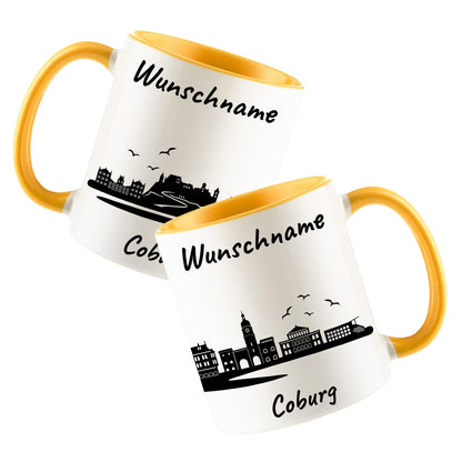 Tasse in Goldgelb 330ml bedruckt mit der Skyline von Coburg personalisierbar mit Wunschname