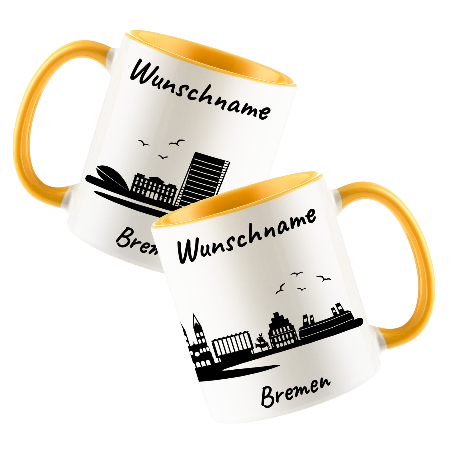 Tasse in Goldgelb 330ml bedruckt mit der Skyline von Bremen personalisierbar mit Wunschname