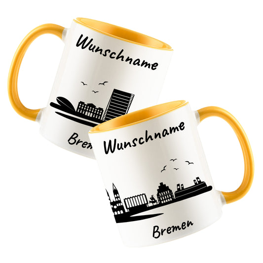Tasse in Goldgelb 330ml bedruckt mit der Skyline von Bremen personalisierbar mit Wunschname