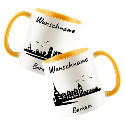 Tasse in Goldgelb 330ml bedruckt mit der Skyline von Borkum personalisierbar mit Wunschname