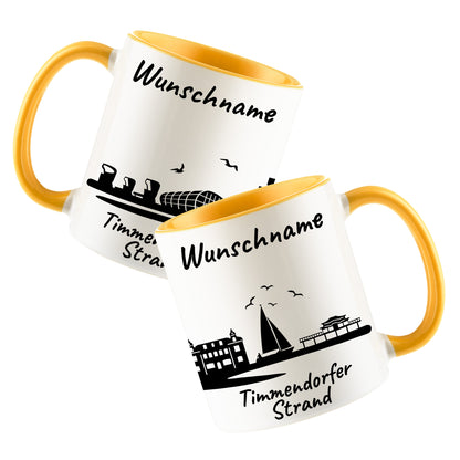 Tasse in Goldgelb 330ml bedruckt mit der Skyline von Timmendorfer Strand personalisierbar mit Wunschname