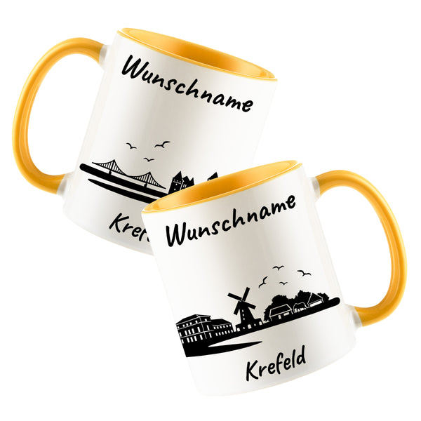Tasse in Goldgelb 330ml bedruckt mit der Skyline von Krefeld personalisierbar mit Wunschname