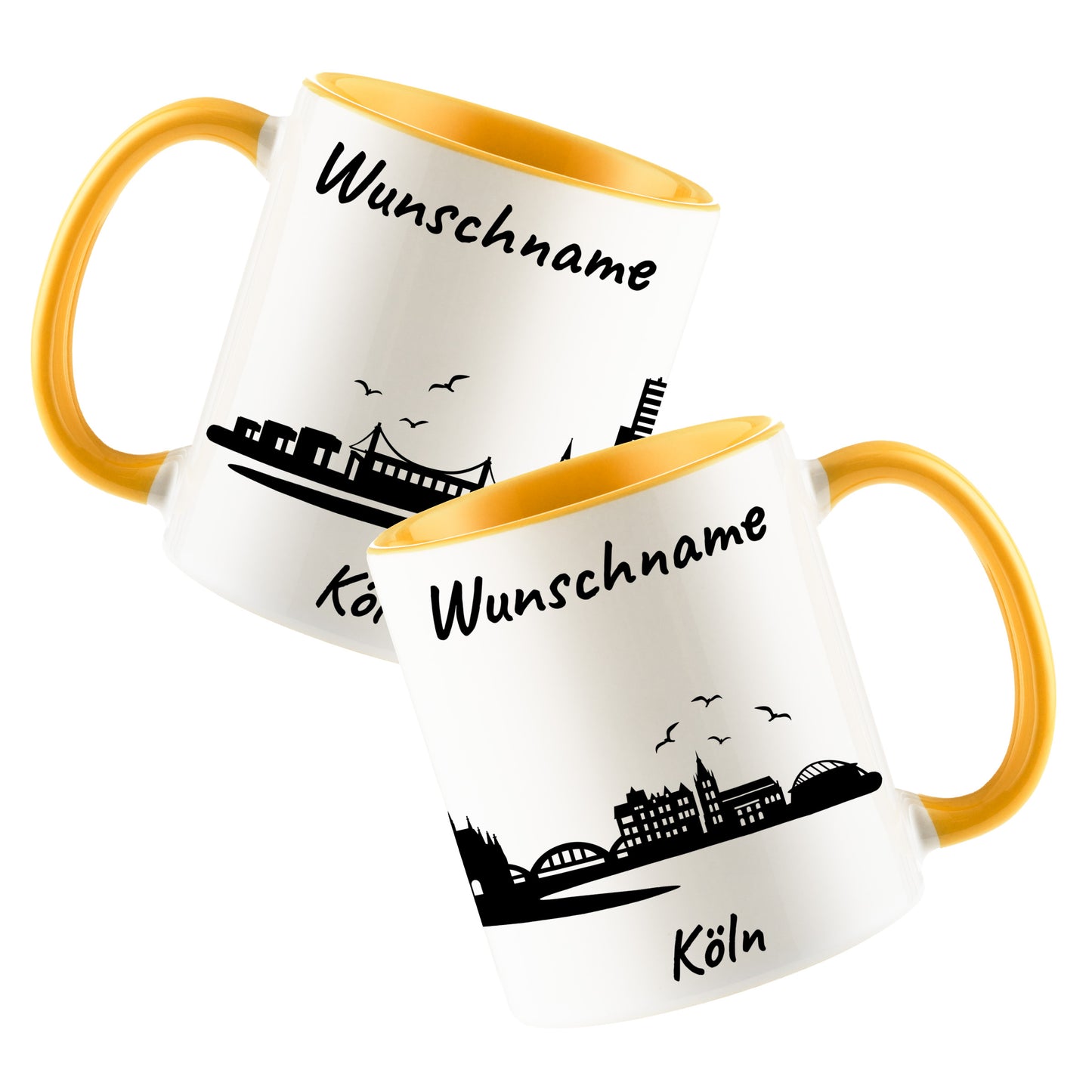 Tasse in Goldgelb 330ml bedruckt mit der Skyline von Köln personalisierbar mit Wunschname