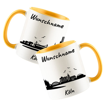 Tasse in Goldgelb 330ml bedruckt mit der Skyline von Köln personalisierbar mit Wunschname