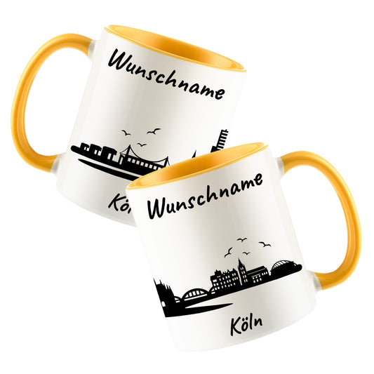 Tasse in Goldgelb 330ml bedruckt mit der Skyline von Köln personalisierbar mit Wunschname