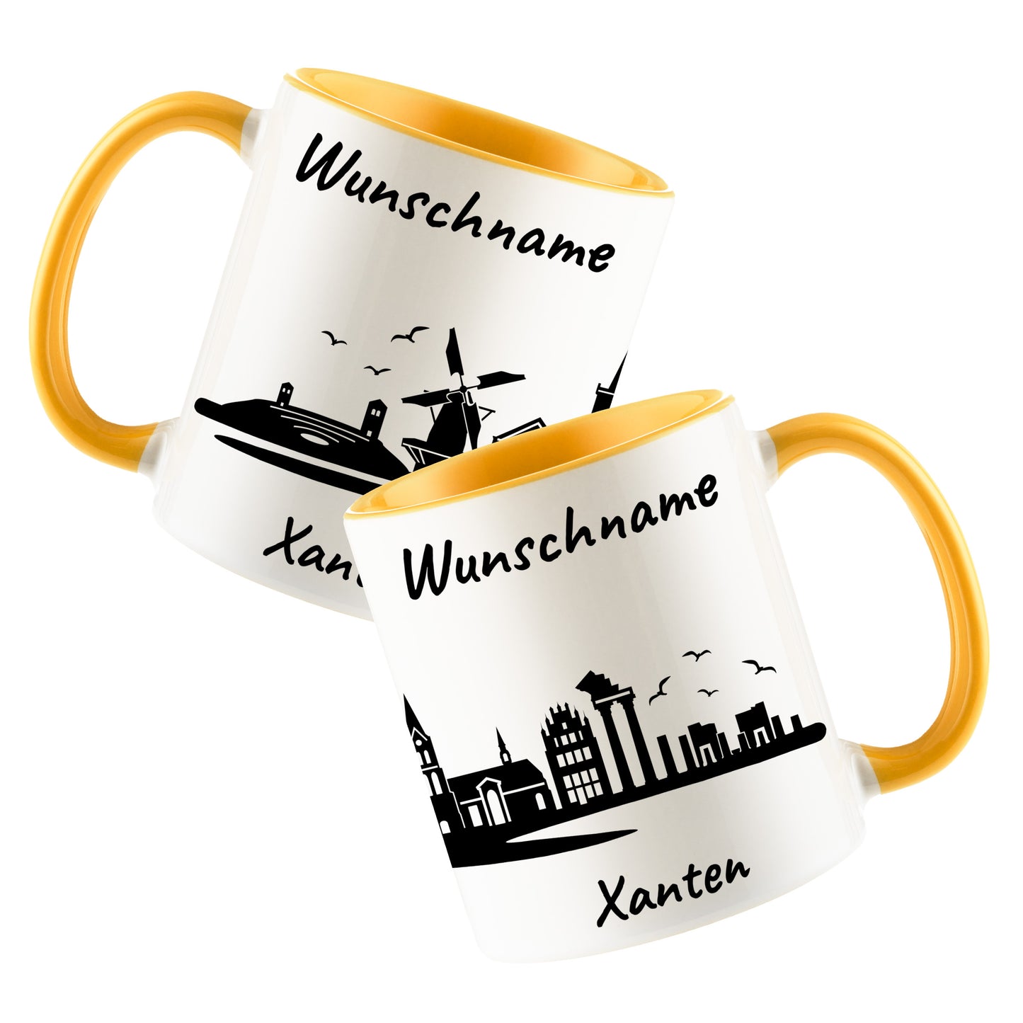 Tasse in Goldgelb 330ml bedruckt mit der Skyline von Xanten personalisierbar mit Wunschname