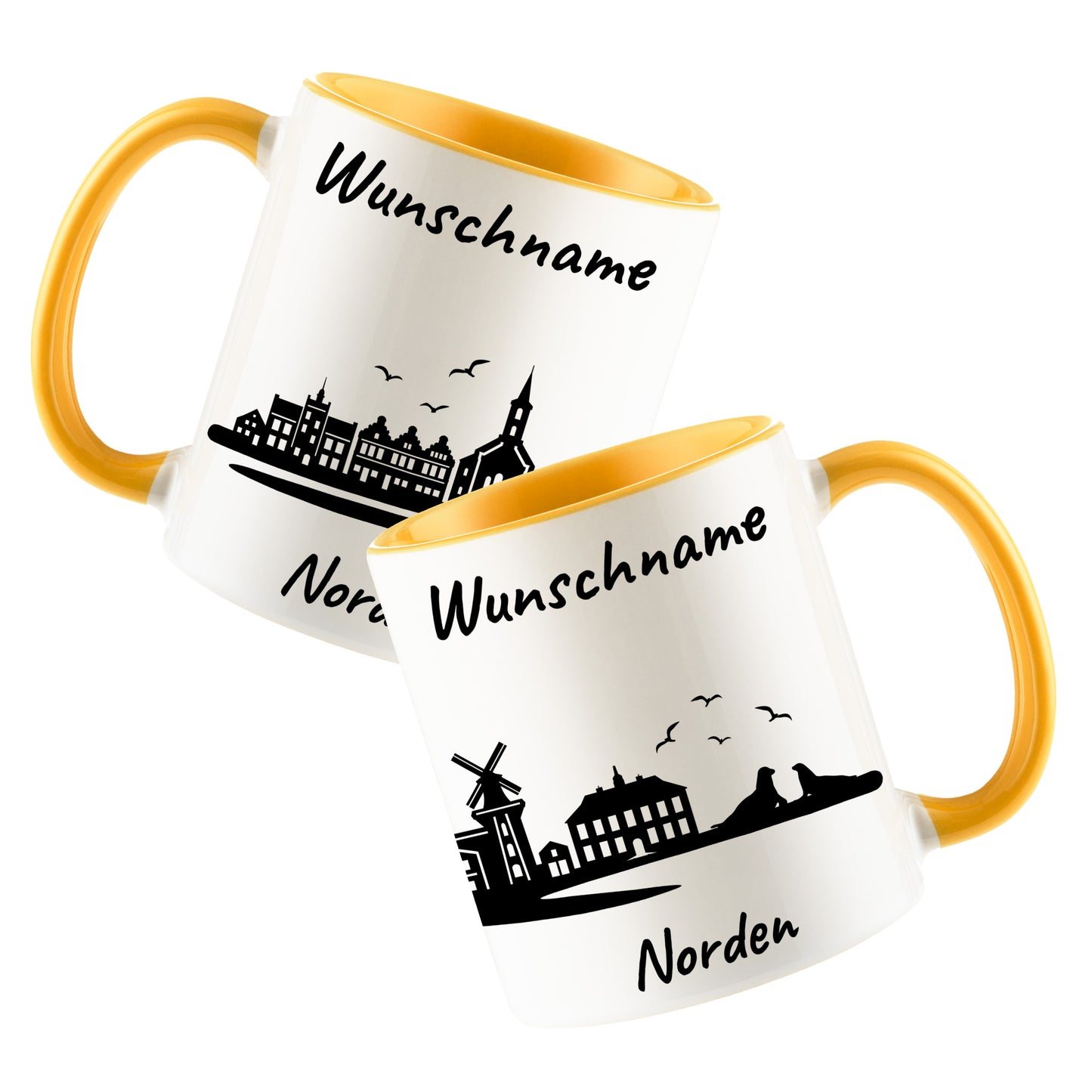 Tasse in Goldgelb 330ml bedruckt mit der Skyline von Norden personalisierbar mit Wunschname