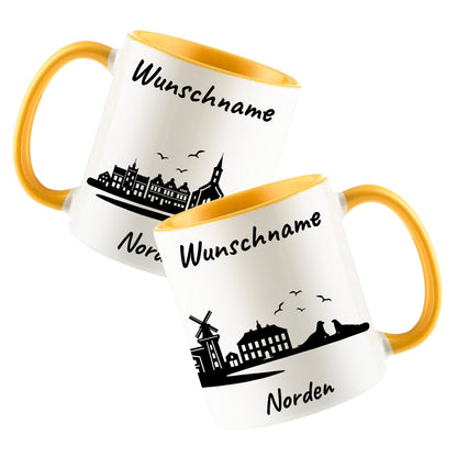 Tasse in Goldgelb 330ml bedruckt mit der Skyline von Norden personalisierbar mit Wunschname