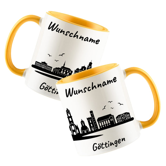 Tasse in Goldgelb 330ml bedruckt mit der Skyline von Göttingen personalisierbar mit Wunschname