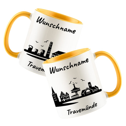 Tasse in Goldgelb 330ml bedruckt mit der Skyline von Travemünde personalisierbar mit Wunschname