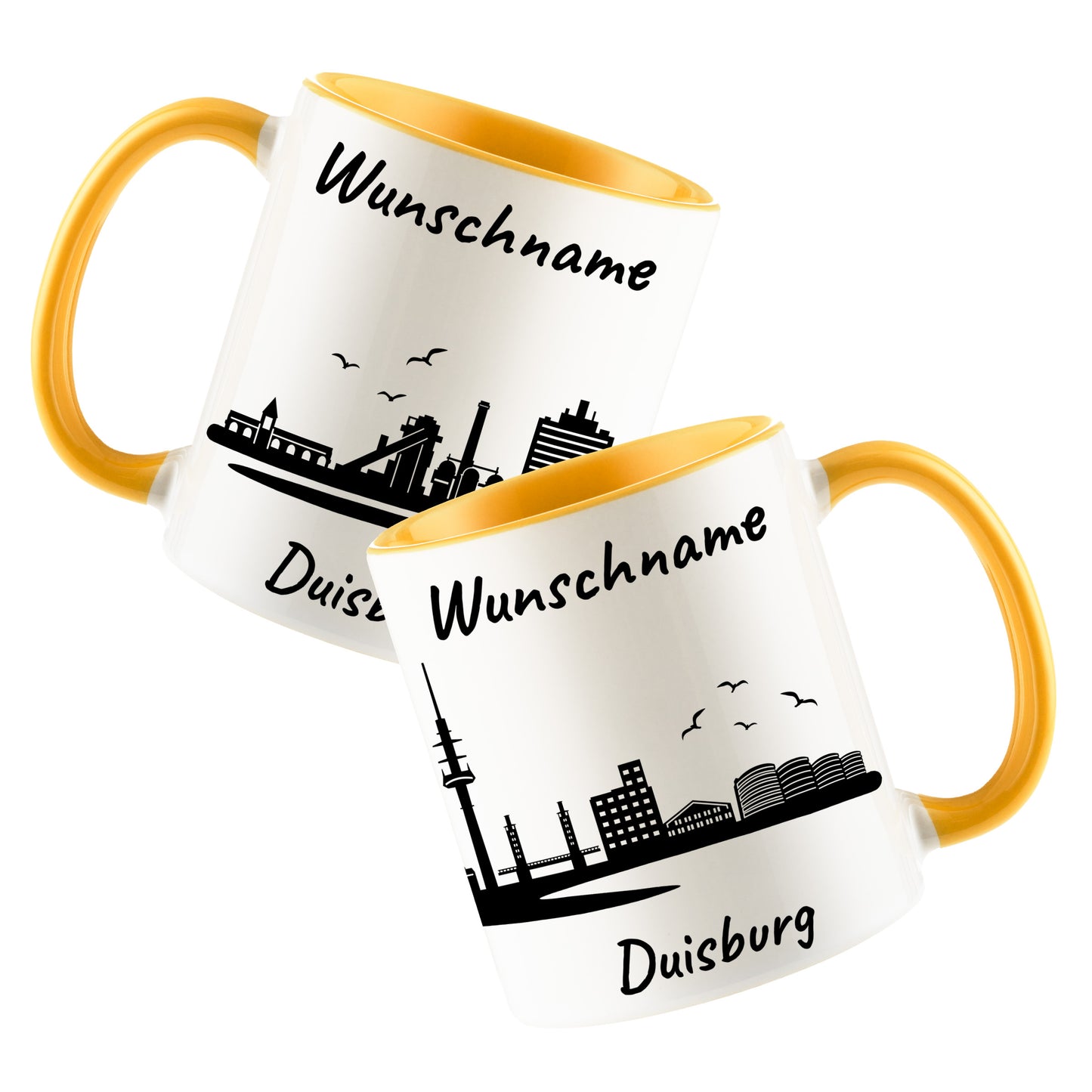 Tasse in Goldgelb 330ml bedruckt mit der Skyline von Duisburg personalisierbar mit Wunschname
