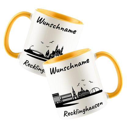 Tasse in Goldgelb 330ml bedruckt mit der Skyline von Recklinghausen personalisierbar mit Wunschname