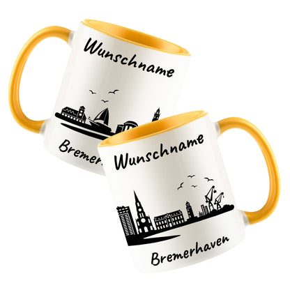 Tasse in Goldgelb 330ml bedruckt mit der Skyline von Bremerhaven personalisierbar mit Wunschname