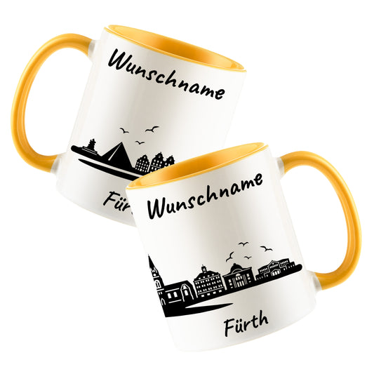 Tasse in Goldgelb 330ml bedruckt mit der Skyline von Fürth personalisierbar mit Wunschname